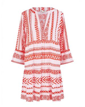 Yumi' Coral Tencel Geo Stripe Print Beach Tunic - Red