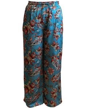Janara Jones Floral Paisley Print Satin Wide Legged Oversized Pants - Blue