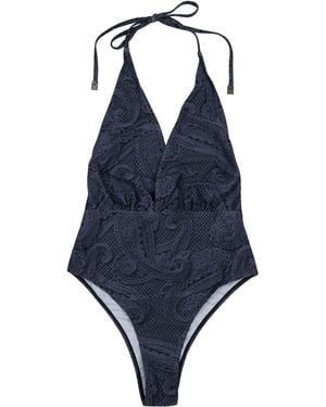 lords of harlech Xena Crochet Paisley Caviar Halter One-Piece Swimsuit - Blue