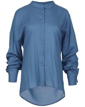 Conquista Sky Blouse With Mandarin Collar - Blue