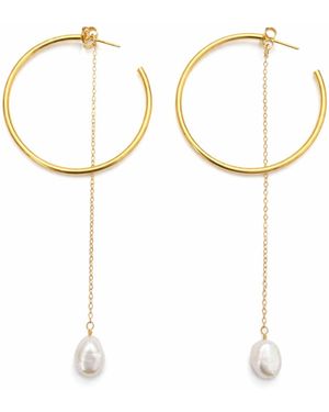 Pearl Code Plated Statement Hoop Earrings With Detachable Pearl Chain Drop - White
