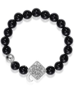 Aurozia Three Charms Lunar Bloom Plated Lotus And The Moon Coin Agate Beaded Bracelet For M - Black