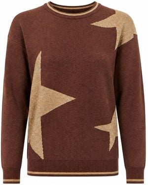 Yumi' Viscose Star Relaxed Jumper With Sparkle - Brown
