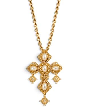 Vstyle Ornate Pearl Cross Statement Necklace - Metallic