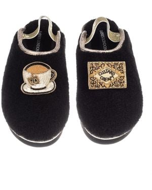 Laines London Flatform Cloud Closed Toe Slippers With Tea & Biscuit Brooches - Black