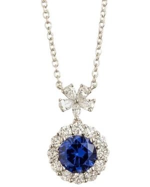 Juvetti Round Sapphire Halo Pendant Necklace With Flower Bail - Blue
