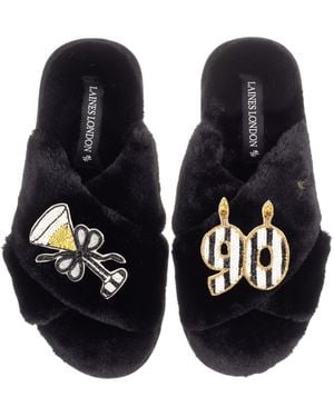 Laines London Classic Laines Slippers With Stripe 90Th Birthday & Glass Of Champagne Brooches - Blue