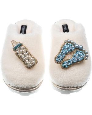 Laines London Teddy Closed Toe Slippers With Baby Boy Brooches - White