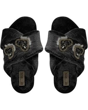 Rettrose Katie Charcoal Luxury Plush Diamanté Heart Embellished Handmade Slipper - Black