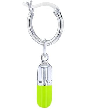 True Rocks Mini Pill Charm On Silver Hoop In Neon Green & Sterling Silver - White