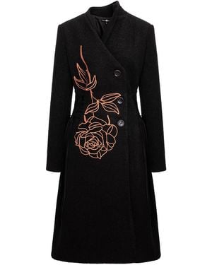 IZABELA MANDOIU Wool Wrap Coat With Metallic Copper Rose Embroidery - Black