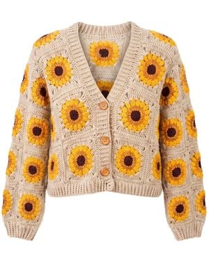 Ana Chic Neutrals Cream Sunflower Granny Square Handmade Crochet Cropped Cardigan - Yellow