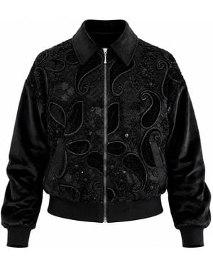 Lalipop Design Velvet Embroidered Bomber Jacket - Black