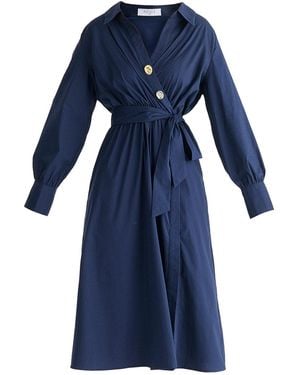 Paisie Wrap Midi Shirt Dress With Metallic Button Details - Blue