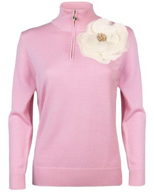 Laines London Neutrals Laines Couture Quarter Zip Jumper With Embellished Cream Corsage - Pink