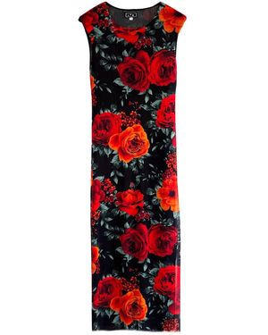 L2R THE LABEL Shoulder Pad Printed Mesh Dress - Red