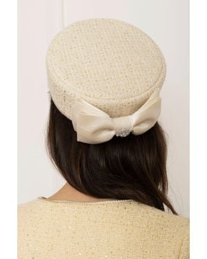 Santinni 'Amour' Woollen Tweed Pillbox Hat With Silk Bow Bianco - Black