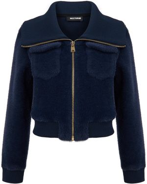 Nocturne Wide Collar Zipper Detailed Knitwear Cardigan - Blue