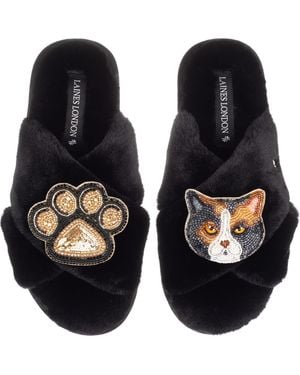 Laines London Classic Laines Slippers With Paw & Calico British Shorthair Cat Brooches - Blue