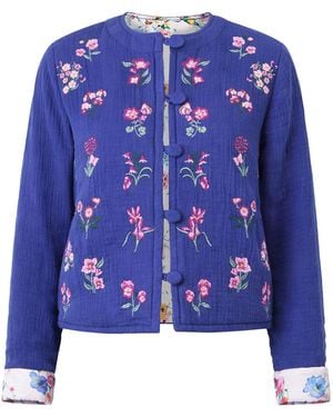 Yumi' Floral Embroidery Cotton Jacket - Blue