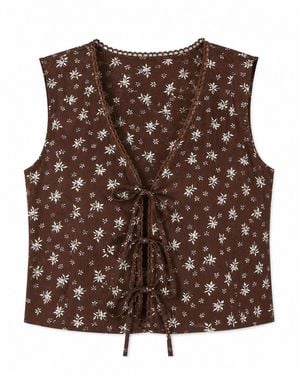 Yumi' Cotton Daisy Print Waistcoat Top - Brown
