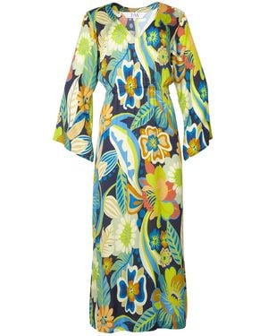Tiger and the Monkey The Selma Ecovero Silky Floral Fitted Kaftan Dress - Blue
