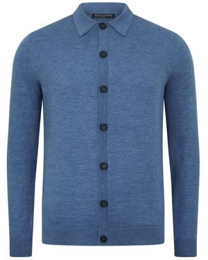 Paul James Knitwear Extra Fine Merino Wool Cassius Polo Cardigan - Blue