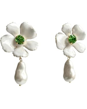Laura Gray Enamel Flower Pearl Drop Post Earrings - Green