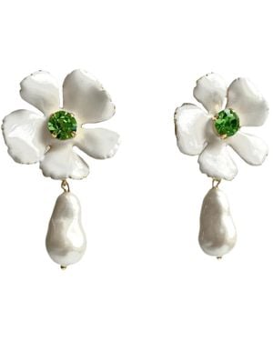 Laura Gray Enamel Flower Pearl Drop Post Earrings - Green