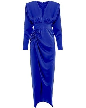 BLUZAT Satin Midi Dress With Draping - Blue