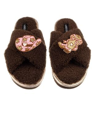 Laines London Neutrals Laines Neutral Boucle Slippers With Cowgirl Hat & Cowgirl Boots Brooches - Brown