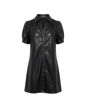 Modenaire Leather Effect Shirt Dress Sculpted Sleeve - Black
