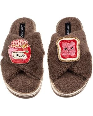 Laines London Neutrals Laines Boucle Slippers With Laines Loveables Jam & Toast Brooches - Orange