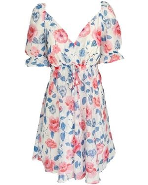 Haris Cotton Printed Mini Silk Blend Dress With Puff Sleeves Wild Rose - Red