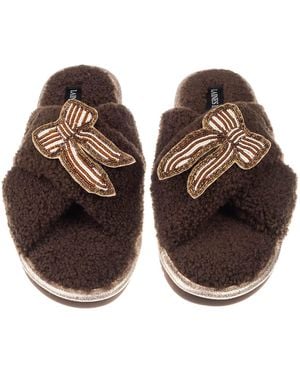 Laines London Neutrals Neutral Boucle Slippers With & Pearl Beaded Stripe Bow Brooches - Brown
