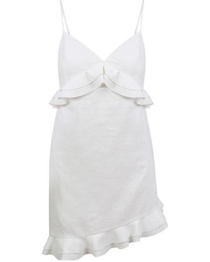 House of Ika Ruffle Trim Linen Mini Dress - White