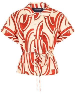 Exquise Regular Lace-Up Abstract Print Cotton Shirt - Red