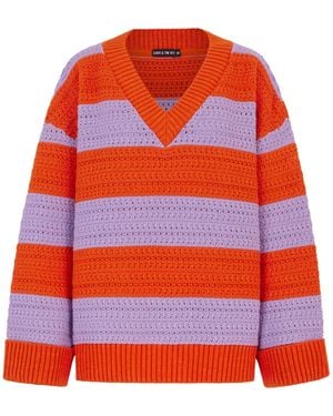 Cara & The Sky Millie Crochet Stripe V Neck Cotton Blend Jumper - Red