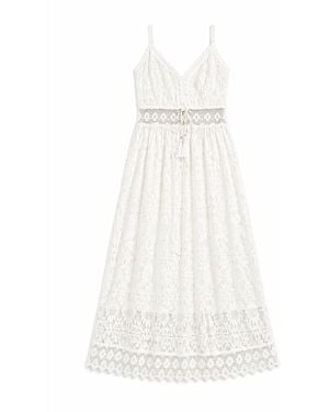 Yumi' Lace Midi Sundress With Tassel Tie & Ruched Back - White