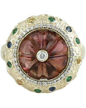 Artisan Carved Tourmaline, Diamond, Tsavorite & Multi Sapphire Ring - Metallic