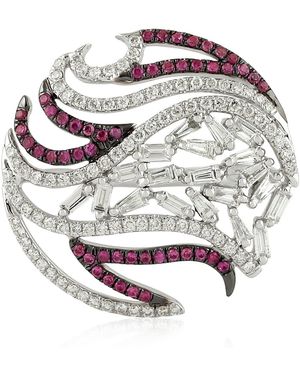 Artisan 18k White Gold Baguette Diamond Pink Sapphire Designer Circle Ring Handmade Jewellery - Multicolour
