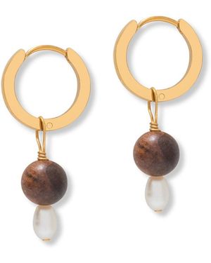 A Weathered Penny Neutrals Small Pearl & Wooden Hoops - Metallic