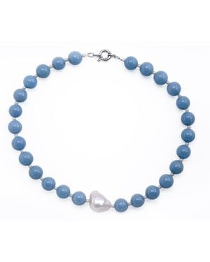 Silver Moon Sterling Necklace Sky Murmur With Gemstones, Natural Seed Pearls And Baroque Pearl - Blue
