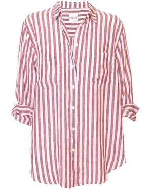 Hut Noosa Yarn Dye Rhubarb Stripe Boyfriend Linen Oversized Shirt - Red
