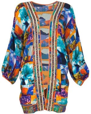 Lalipop Design Colourful Flower Print Midi Kimono With Embroidery Borders - Blue
