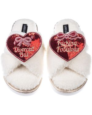 Laines London Neutrals Laines Neutral Boucle Slippers With Divorced But Fucking Fabulous Brooches - Red