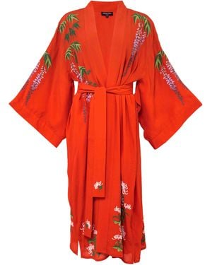Artemis Muse Wisteria & Chrysanthemum Embroidered Terracotta Fully Lined Long Kimono