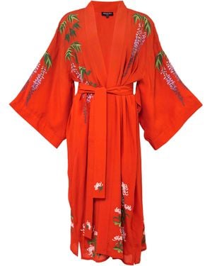 Artemis Muse Wisteria & Chrysanthemum Embroidered Terracotta Fully Lined Long Kimono
