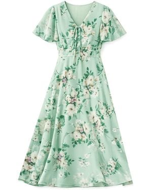 Yumi' Mint Floral Tea Dress With Front Ties - Green