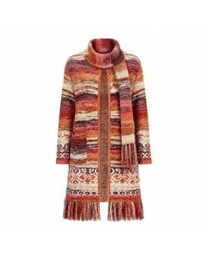 Yumi' Boucle Soft Long Cardigan With Scarf - Red